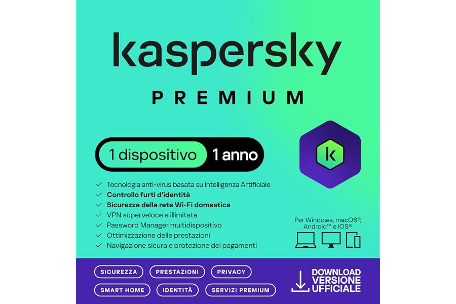Kaspersky Premium Total Security 2025 | 1 dispositivo | 1 anno | Anti-Phishing e Firewall | VPN illimitata | Password Manager