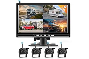 Hodozzy Bezprzewodowa Kamera Cofania 4 Kamery 9 Cal Monitor Bezprzewodowa Kamera Tylna, 18 IR Night Vision Wodoodporna 12V-24V dla Przyczep, Samochody kempingowe, Ciężarówki, Van