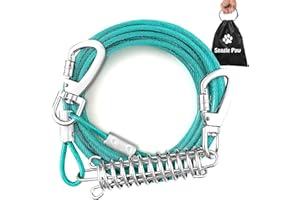 SNAGLE PAW Dog Tie Out Cable - Chew Proof 6m Chain for Outside, Reflective Tether With Screw Lock, Absorbing Spring up to 125lbs, Pet Lead for Garden or Camping