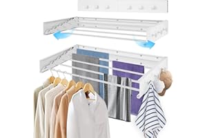 Joyoleder Wäscheständer Wandmontage,80 cm wäschetrockner Wand platzsparend ausziehbar mit 6 Handtuchhaken,Wand Wäschetrockner für drinnen oder draußen,Balkon, Terasse（Weiß）