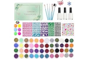 POPUBABI Glitzer Tattoo Set Kinder, 48 Glitzer farben 6 fluoreszierende Farben, 207 Schablonen, 2 Diamantsticker, 3 Kleber, 5 Pinsel, Kunst Glitzer Make Up Set, für Geburtstag Party Weihnachten Halloween