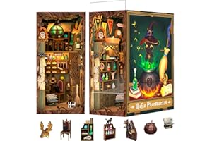 Fsolis DIY Book Nook, Con Mobili in Legno e Luci LED, 3D Puzzle in Legno, Kit di Costruzione di Modelli, Casa delle Bambole, Booknook con Copertura Antipolvere(Magic Pharmacist)