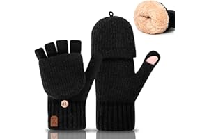 Gucass Fingerlose Handschuhe mit Kappe, Winter Flip Handschuhe für Damen Herren, Warm Strick Halbfingerhandschuhe mit Alpakawolle, Touchscreen Winterhandschuhe für Laufen Radfahren Fahren