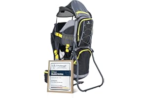 DROMADER Porte Bébé-Randonnée - Sac à Dos Porte Bébé Confortable Dorsal jusqu'à 22kg avec Pare-Soleil, Protection Pluie, Poche Isolante, Matelas à Langer - Cadre Pliable à Une Main - Noir et Jaune