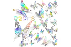 YUEHUABAO 72 PCS 3D Butterfly Wall Stickers, 5 Styles Butterfly Wall Decals Shiny 3D Butterfly Stickers Metallic Butterflies Stickers for Walls Living Room Bedroom Decors (Silver)