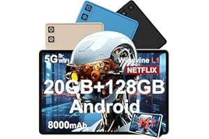 DMOAO Tablette Android 14 avec Widevine L1, 13MP+5MP, 8000 mAh + Charge Rapide 18 W, Tablette Tactile 11 Pouces avec 20 Go RAM + 128 Go ROM (Extensible 1 To), 5G Wi-Fi, GPS, Octa-Core 2.0 GHz, Face ID, Or