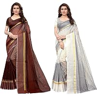 Anni Designer Cotton Saree With Blouse Piece (Pack Of 2) (Ts02 Brown White_Multicolor_Free Size)
