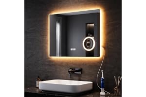 SONNI LED-badrumsspegel med uttag 80 x 60 cm, badrumsspegel med belysning, touchströmbrytare, 3 justerbara ljusfärger, dimbar