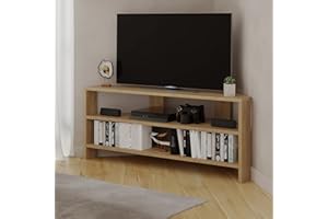 HOCUS PICUS Corner TV Unit with 2 Open Shelves, Rounded-edge Modern Design, TV Stand 32" TVs, Compact TV Media Console for Living Room & Office, Easy Assembly (Oak)