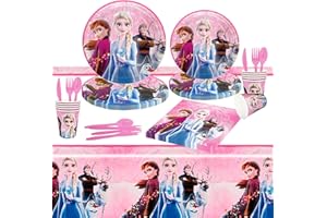 Wirhaut 81 Stück Frozen Geburtstag Partygeschirr Set, Kindergeburtstag Party Tableware Supplies mit Tischdecke Servietten, ELSA Party Geburtstagsdeko Set für Mädchen Eiskönigin Geburtstagsdeko