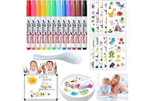 JSHENG 12Pcs Rotuladores Agua Magicos, Magic Pen con Cuchara y 2 Pegatinas para Tatuajes, Magic Pen Dibujos en el Agua, Rotuladores Mágicos Agua, para Escritura Infantil, Dibujo, Juegos de Agua, Pizarras (D)
