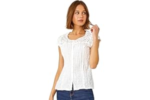 Roman Originals Lace Crinkle Top for Women UK - Ladies Broderie Anglaise Blouse Yoke 100% Cotton Embroidered Shirt Casual Work Flattering Summer Holiday Evening Boho T-Shirt