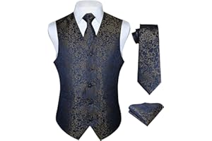 HISDERN HISDEREN Hommes Paisley Gilet Floral Jacquard cravate poche carre mouchoir fete de mariage affaires Fit gilet costume ensemble XS-6XL