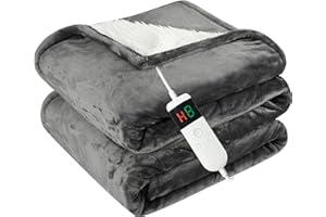 Cushious Heated Electric Blanket Throw 130x160cm, 10 Settings Heating,1-8h Timer Auto-Off, Overheat Protection, Machine Washable, Flannel and Sherpa Heated Blanket for Sofa Bed, Office