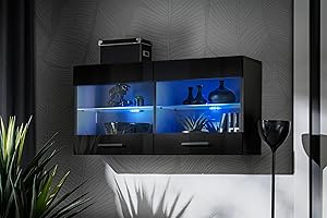 Komodee, Witryna Wisząca Savona, Czarna/Czarna, Szerokość 100 cm x Wysokość 50 cm x Głębokość 30 cm, Niebieskie LEDy, 2 Szklane Półki, Do Salonu, Kuchni