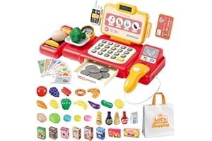 FEGALOP Cash Register Toy for Kids,Toddler Pretend Play Store with Real Calculator,Scanner,Play Food,Money & Credit Card,Supermarket Checkout Set,Math Skills Learning Toys,Birthday Gift for Boys Girls (Red)