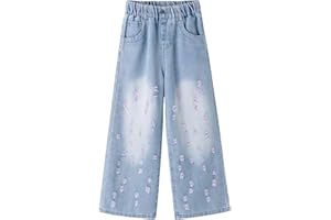 SEAUR Girls Ripped Jeans High Elastic Waist Wide Leg Distressed Denim Pants with Pockets Loose Casual Streetwear 5-14Y