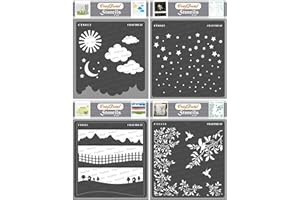 CrafTreat Reusable Nature Stencils for Crafts - Clouds and Stars, Starry Sky, Landscapes, Leaves and Branch Stencil (4Pcs) - 6X6 Inch - Scene Stencils for Furniture Painting Vintage