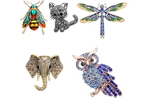 TsunNee Elefante Cristallo Spilla perno, Nozze Festa Capi di abbigliamento Spilla, Strass Sciarpa perno, Costume Distintivo, Bumble Bee/Gatta/Gufo/Libellula Spilla, 5 pezzi
