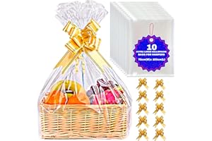 MAARA Extra Large Cellophane Wrap Bags For Hampers, Pack Of 10 (70CMX100CM/30"X40") Clear Hamper Basket Gift Bags For Present Packaging, Hamper Wrapping Cellophane With 10 Pull Bows