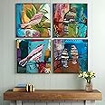 Painting Mantra Multicolor Folk Art of Birds Wall Painting Set of 4 | Digital Print on Canvas Stretched on Wood for Home Decoration | Ideal for Living Room, Bedroom, Hotel (12x12Inches)