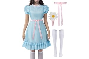 Spooktacular Creations Disfraz de gemelos espeluznantes para mujer de Halloween, vestido azul con mangas abullonadas para disfraces de Halloween para mujer, fiesta de disfraces de Halloween-M