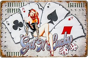LUCKYLINDE Get Lucky - Poker, Black Jack, Craps, Seven Eleven- Casino Retro Blechschild - Pin Up Girl Deko Schild, 40 x 27 cm