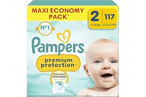 Pampers Premium Protection Taille 2, 117 Couches, 4kg-8kg, Double Protection Pour La Peau Et Contre Les Fuites