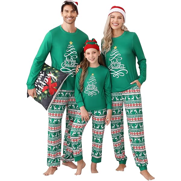 Pyjama Famille De Noël - Ensembles Assortis Parent-Enfant, Manches Longues, Pantalon - Motifs Festifs (Sapin, Flocons) - Coton/Polyester Doux