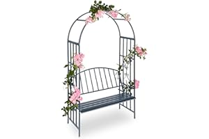 Relaxdays Arco Jardín con Banco, Metal Resistente, Soporte Plantas Trepadoras, Asiento para 2, 205x115x50 cm, Antracita