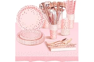 AIPartywar 226 Pcs Piezas Rosa Oro Cumpleaños Vajilla de Fiesta, Platos y Vaso Cumpleaños Infantil, Juego de vajilla para Fiestas Platos Vasos Servilletas Cubiertos -25 Invitado