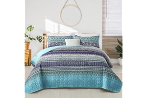 WONGS BEDDING Bohemian Bedspread King Boho Striped Pattern Printed Quilted Bedspread Coverlet for All Season,Soft Microfiber Quilt King Size 240X260cm