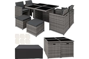TecTake® Conjunto Jardín Exterior de Ratán y Aluminio, Muebles Jardín Exterior Resistentes a la Intemperie, para hasta 8 Personas, con 2 Juegos de Fundas y Funda Protectora - Gris