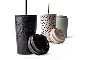 MAMEIDO Thermobecher mit Strohhalm 470 ml, Trinkbecher mit Deckel und Strohhalm aus Edelstahl doppelwandig isoliert, auslaufsicher, Coffee to go Becher (Femme Fatale)