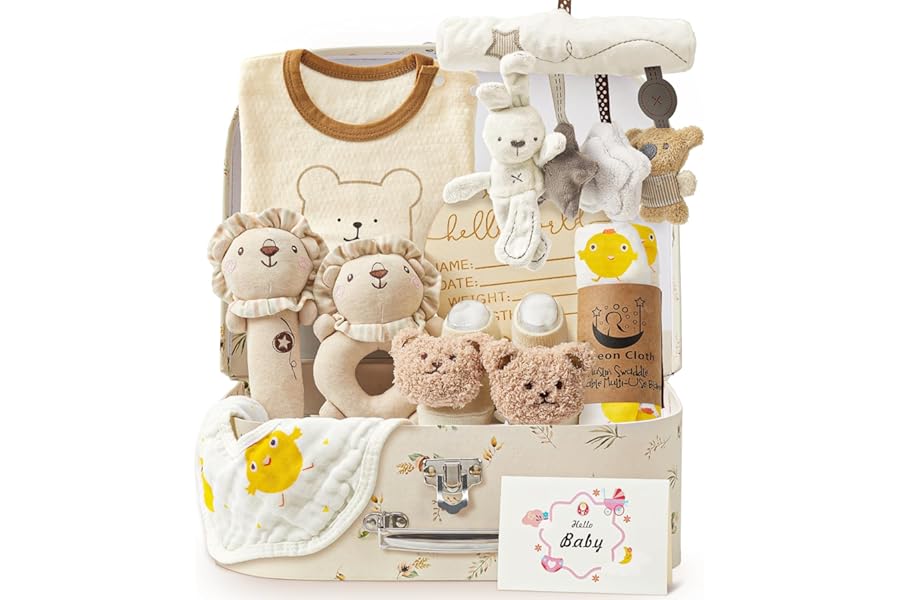 vamei Newborn Baby Gifts Baby Hamper Set with Baby Box Blanket Baby Onesie Socks Rattle Muslin Cloths Bibs Wooden Milestone Cards New Born Baby Essentials Baby Shower Gifts Boys Girls Unisex