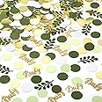 Minatee 400 Pcs Greenery Baby Shower Confetti Scatter Decorations, Green Brown White Table Confetti Dots with Eucalyptus and Gold Baby Confetti Scatter for Baby Shower Gender Reveal Decor