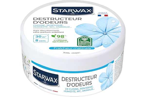 STARWAX - Destructeur d'odeurs - Elimine les odeurs de cuisine, de renfermé, d'humidité, WC, animaux - Jusqu'à 8 semaines - 98% d'origine naturelle - Parfum Fraîcheur Matinale - Fabriqué en France