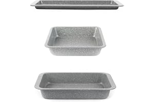 Salter Marblestone 3-Piece Baking Set - Non-Stick Oven Trays, Lightweight Carbon Steel, Easy Wipe Clean, Includes a 36cm Roaster, 37cm Baking Tray, 23cm Square Tray, Oven Safe to 220°C, PFOA Free