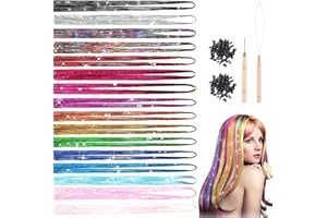 LUFFLOK 16 Colors Hair Tinsel Kit, 120cm Tinsel Hair Extensions with Tools, 3000 Stands Glitter Hair Accessories for Women Girls & Child Hair Decoration, Coloured Hair Extensions for Party