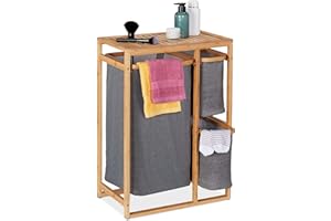 Relaxdays Kosz na pranie, bambus, 3 półki, wys. x gł.: 70 x 50 x 30,5 cm, regał łazienkowy z koszem na pranie, kolor naturalny/szary