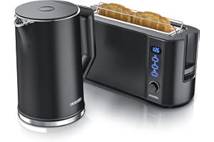 ‎ARENDO Arendo - Wasserkocher mit Toaster SET Edelstahl Schwarz, Wasserkocher 1,5L 40°-100°C Warmhaltefunktion Toaster 2 Scheiben LED-Display 6 Bräunungsgrade Brötchaufsatz