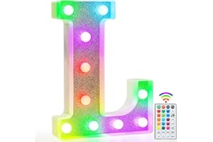 VIMLITS Colorful Light Up Letters, Glitter LED Letter Lights 18 Color Changing Shiny Alphabet Sign Gifts for Girls Women Party Birthday Decorations Remote Night Light Christmas Valentine Wall Table Decor - L