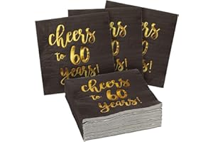 BLUE PANDA 50 Pack Cheers to 60 Years Napkins, 3-ply Paper Serviettes, Happy 30th Birthday Decorations for Men and Women, Anniversary Party, Black and Gold, 25 x 25 cm
