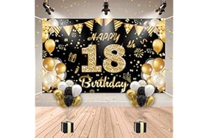 HLEIUKT 18 Geburtstag Dekoration Jungen und Mädchen, 18. Geburtstag Banner Schwarz Gold, 18 Jahre Geburtstagsbanner mit 20 Stück Luftballons, Extra Große Stoff Hintergrund Geburtstagsdeko Partydeko