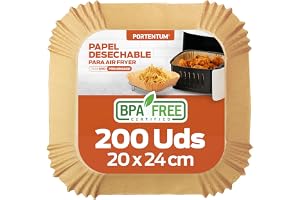 PORTENTUM Papel freidora aire 200 unidades de 20-24 cm Cuadrado. Papel Air Fryer Grado alimenticio, FDA y LFGB