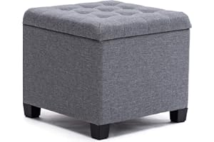 HNNHOME Pouffe Footstool Ottoman Storage Box, 45cm Cube Strong Wooden Frame Linen Living Room Foot stool, Toy Chest, Dressing Stool Seat Chair with Lids for Bedroom (Grey)