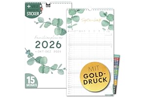 ‎SPIELEFABRIK Family Calendar 2026 5 Columns Eucalypt Gold Family Planner 2026 with Sticker Holiday Recycling Holiday Wall Planner 2026 Wall Calendar 23 x 43 cm Including Oct-Dec 2025, Plant Calendar, Eucalyptus