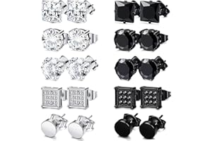 INPION 10 Pairs Men's Black Earrings, Stainless Steel Black Stud Earrings Square Diamond Stud Earrings Zirconia Earrings Set for Men Boys Gift for Birthday Father's Day Christmas
