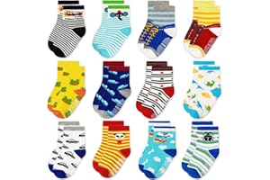 ELUTONG Toddler Non Slip Socks - 12 Pairs Kids Anti Skid Grip Cute Crew Cartoon Socks for 1-7 Years Boys Girls