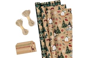 RUSPEPA Rollos De Papel De Regalo Navideño Con Etiquetas, Hilo De Yute - 43 cm X 3 Metros Por Rollo, Total De 3 Rollos